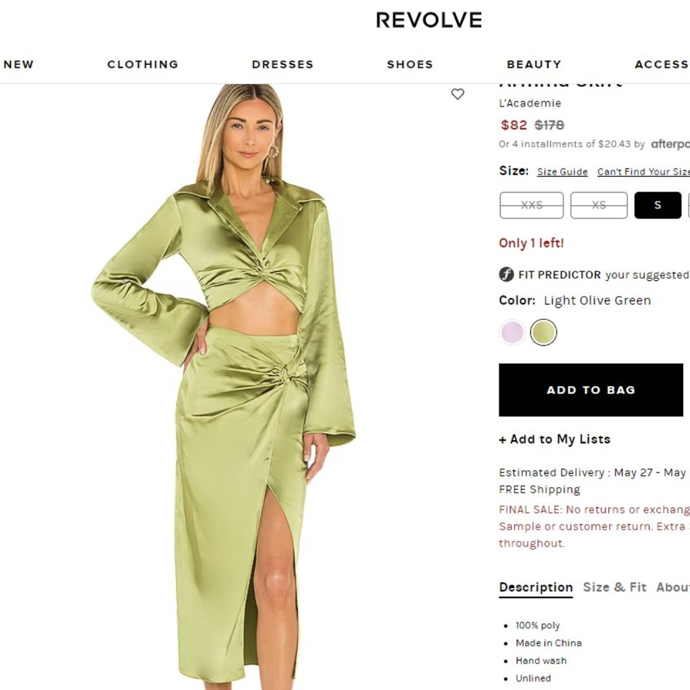 L'Academie Satin Olive green skirt + top set